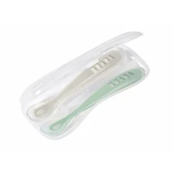 BÉABA Couverts Vaisselle Et Bavoirs<Lot 2 cuillères 1er âge silicone avec boite de transport Vert sauge/Gris velours